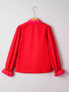 Striped Trim Ruffle Split Neck Long Sleeve Blouse - Deadwood South Boutique & Company LLC