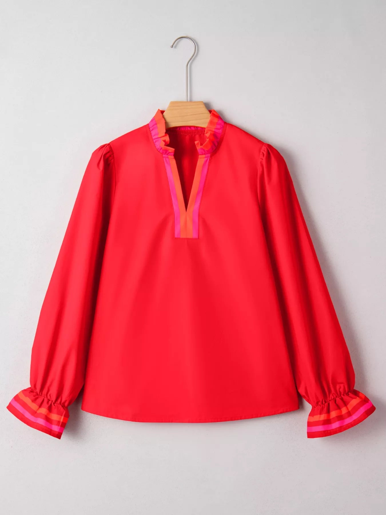 Striped Trim Ruffle Split Neck Long Sleeve Blouse - Deadwood South Boutique & Company LLC