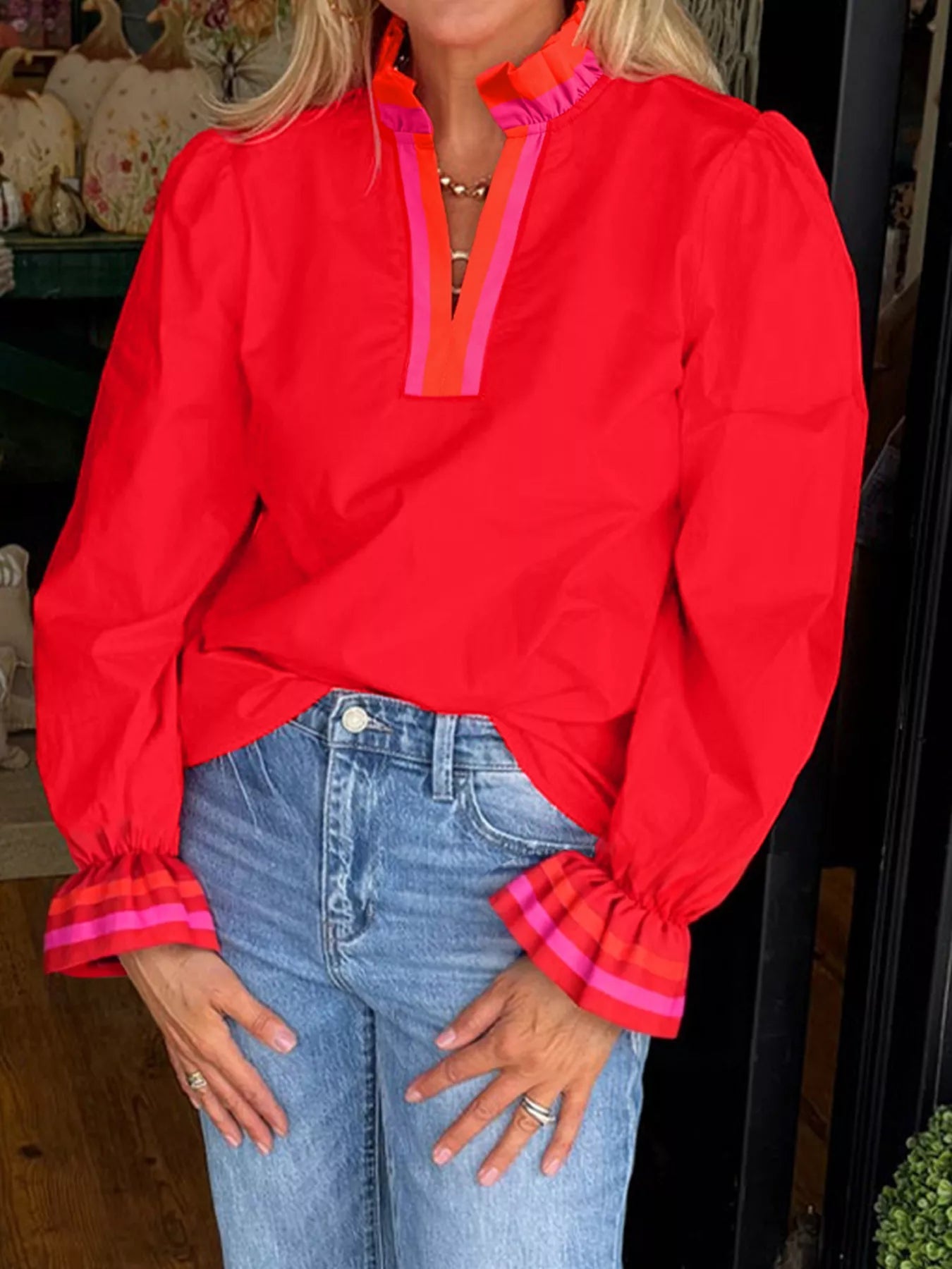 Striped Trim Ruffle Split Neck Long Sleeve Blouse - Deadwood South Boutique & Company LLC