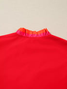 Striped Trim Ruffle Split Neck Long Sleeve Blouse - Deadwood South Boutique & Company LLC
