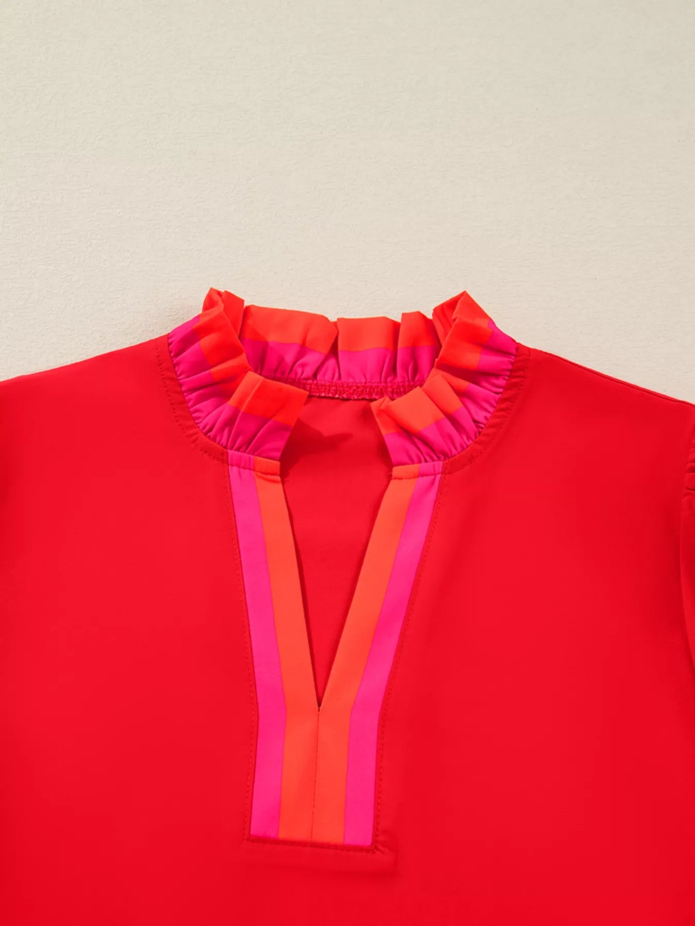 Striped Trim Ruffle Split Neck Long Sleeve Blouse - Deadwood South Boutique & Company LLC