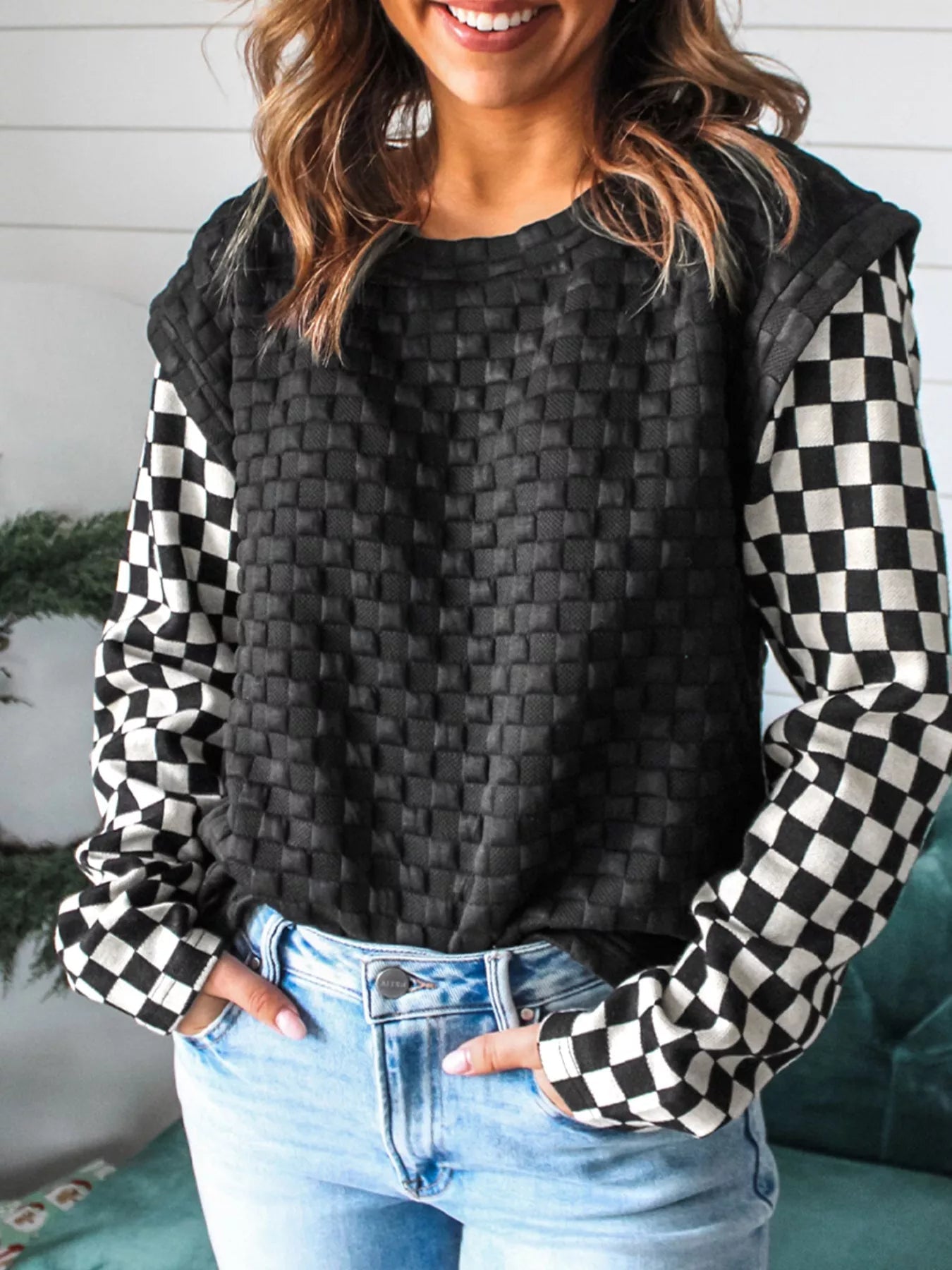 Textured Contrast Checkered Patchwork Long Sleeve Top - Deadwood South Boutique & Company LLC