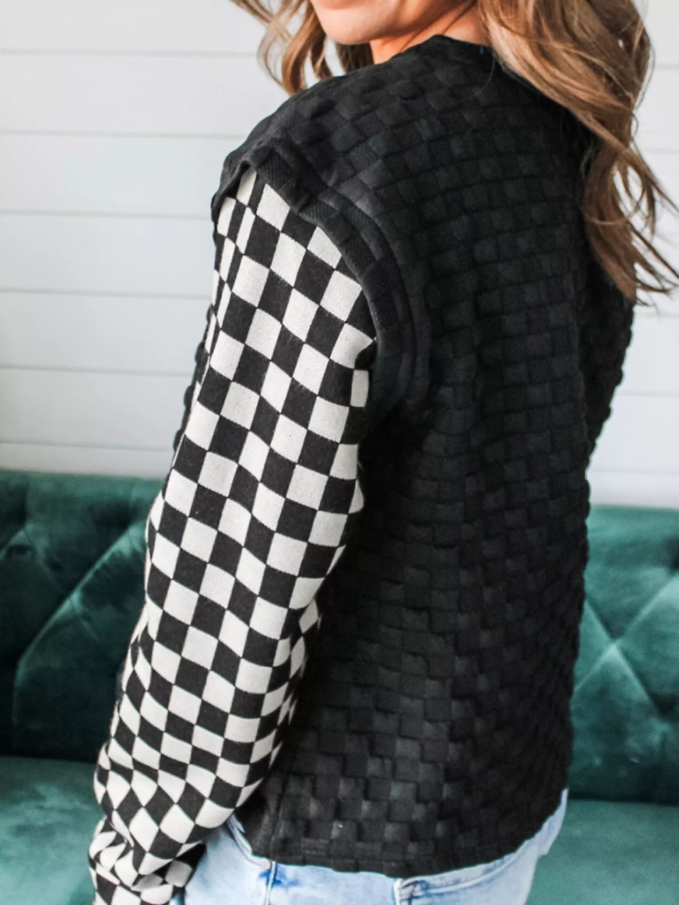 Textured Contrast Checkered Patchwork Long Sleeve Top - Deadwood South Boutique & Company LLC
