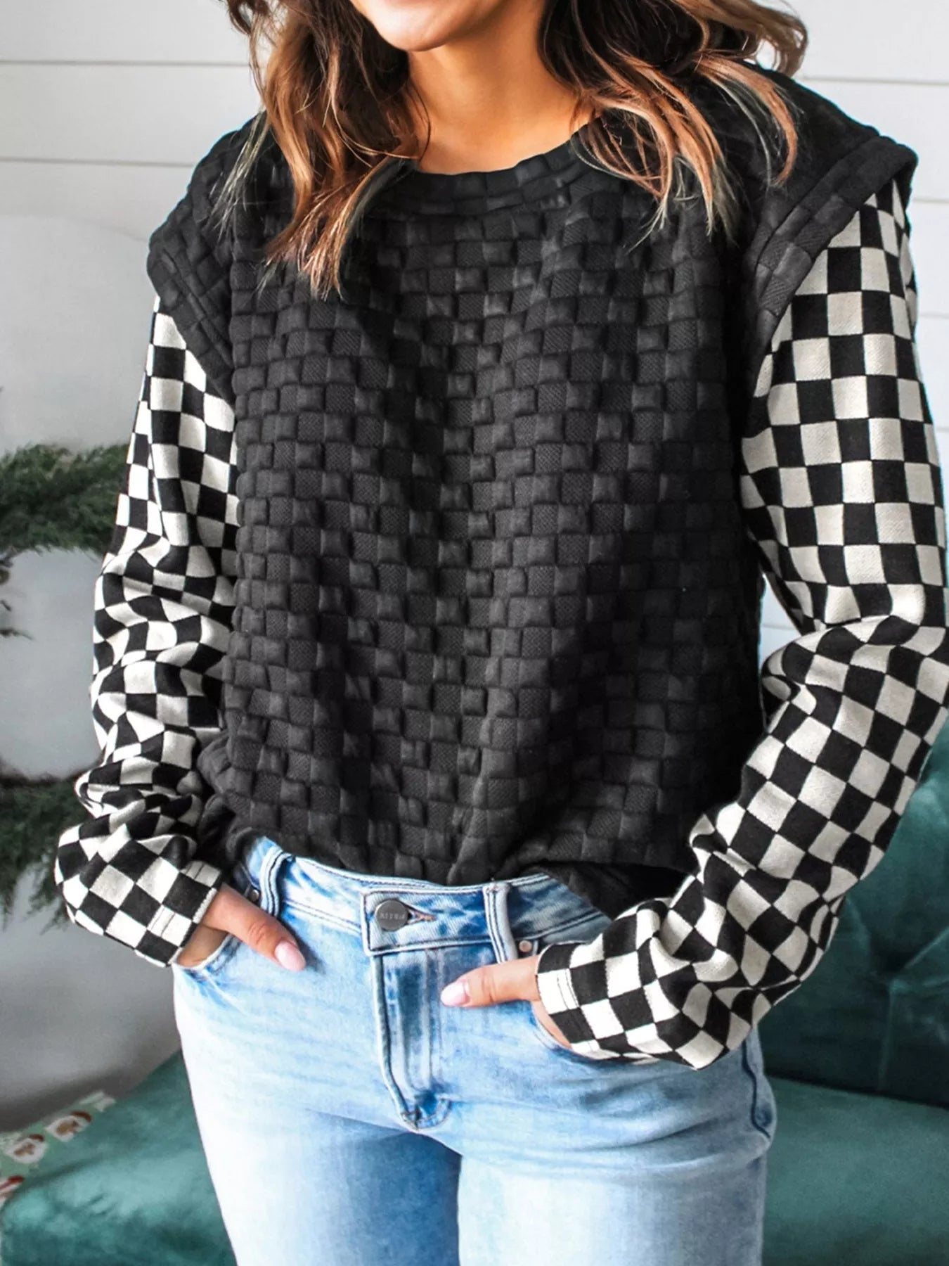 Textured Contrast Checkered Patchwork Long Sleeve Top - Deadwood South Boutique & Company LLC