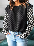 Textured Contrast Checkered Patchwork Long Sleeve Top - Deadwood South Boutique & Company LLC