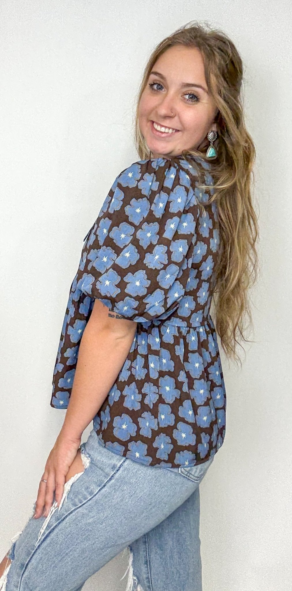 The Blue Floral Baby Doll Top - Deadwood South Boutique & Company LLC