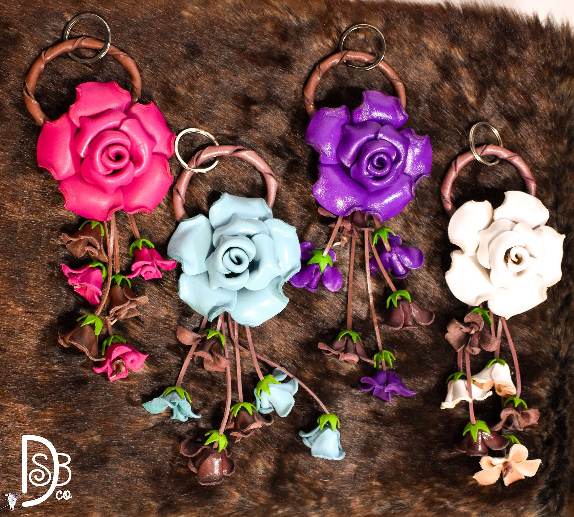 The Leather Flower Key Chain/ Bag Charm - Deadwood South Boutique & Company LLC