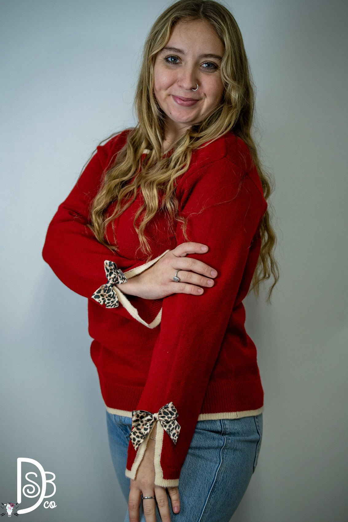 The Madelyne Sweater w/ Leopard Bow Detail - Deadwood South Boutique & Company LLC