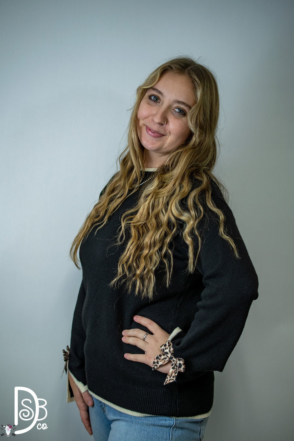 The Madelyne Sweater w/ Leopard Bow Detail - Deadwood South Boutique & Company LLC
