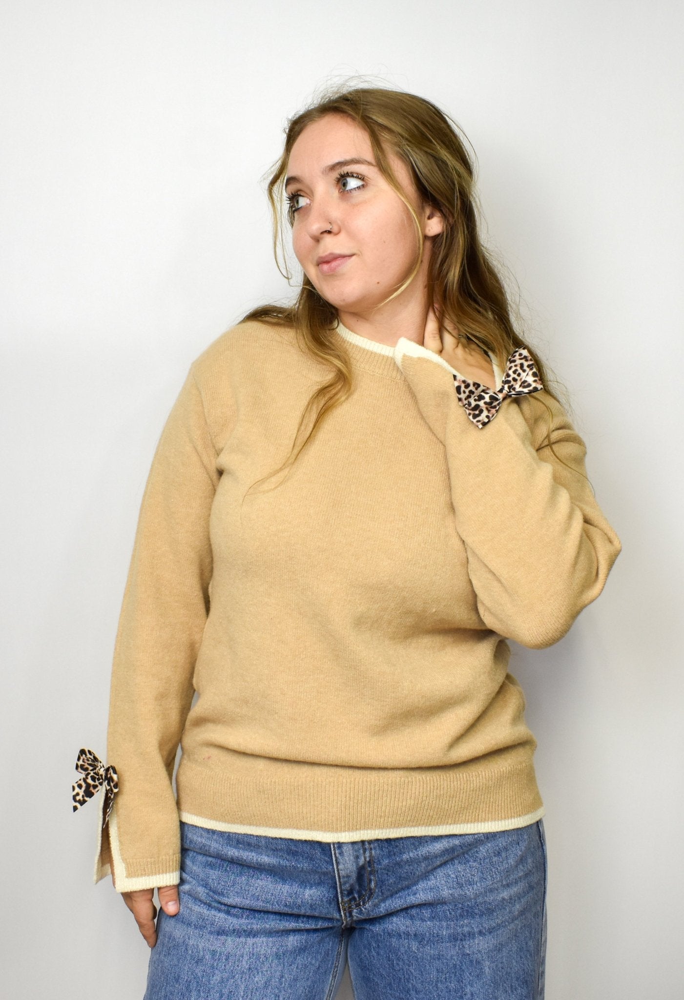 The Madelyne Sweater w/ Leopard Bow Detail - Deadwood South Boutique & Company LLC