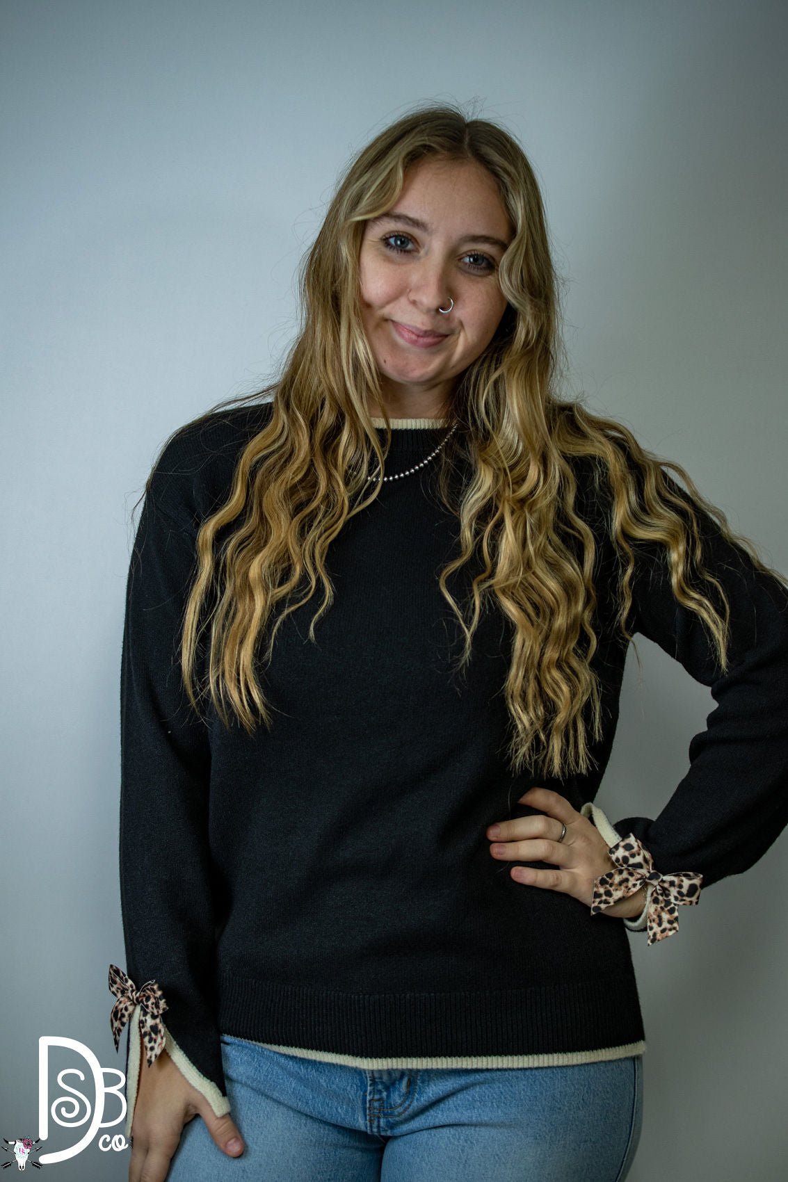 The Madelyne Sweater w/ Leopard Bow Detail - Deadwood South Boutique & Company LLC