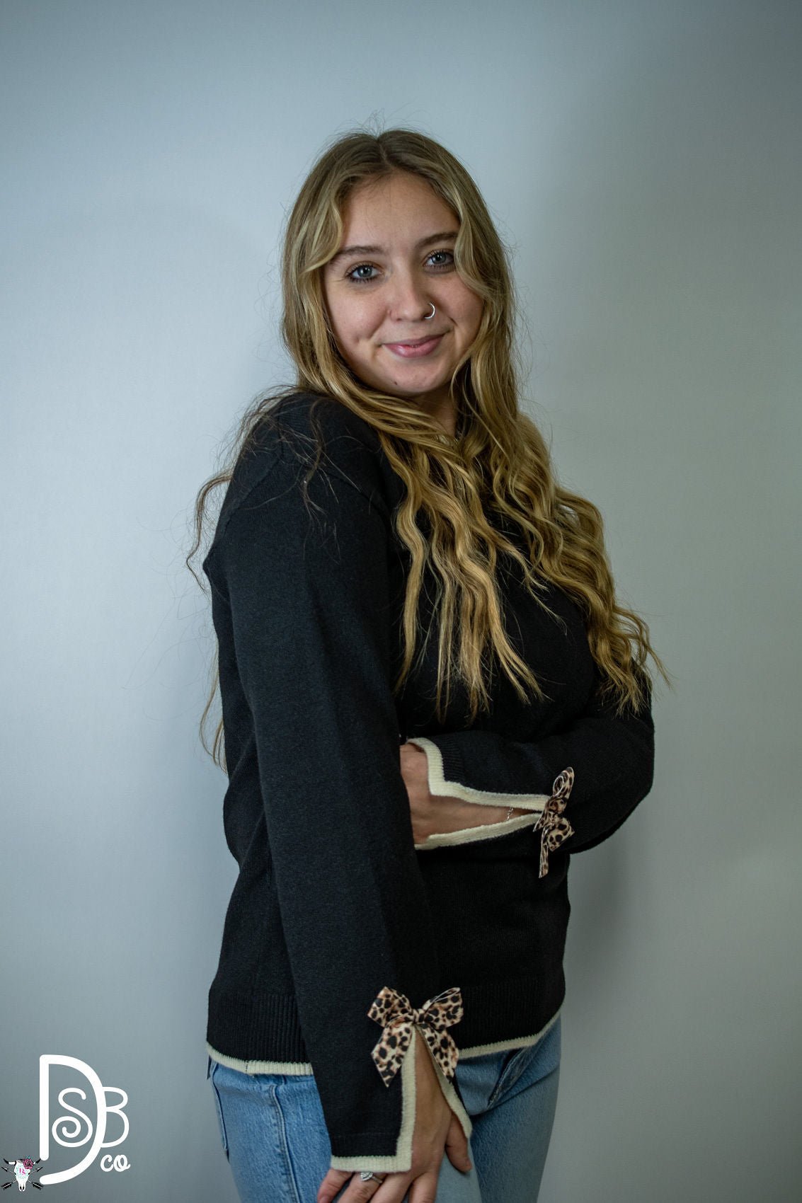 The Madelyne Sweater w/ Leopard Bow Detail - Deadwood South Boutique & Company LLC