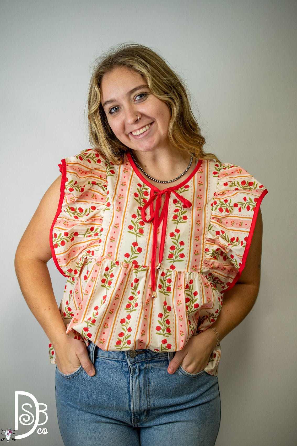 The Red Floral Ruffle Sleeve Top - Deadwood South Boutique & Company LLC