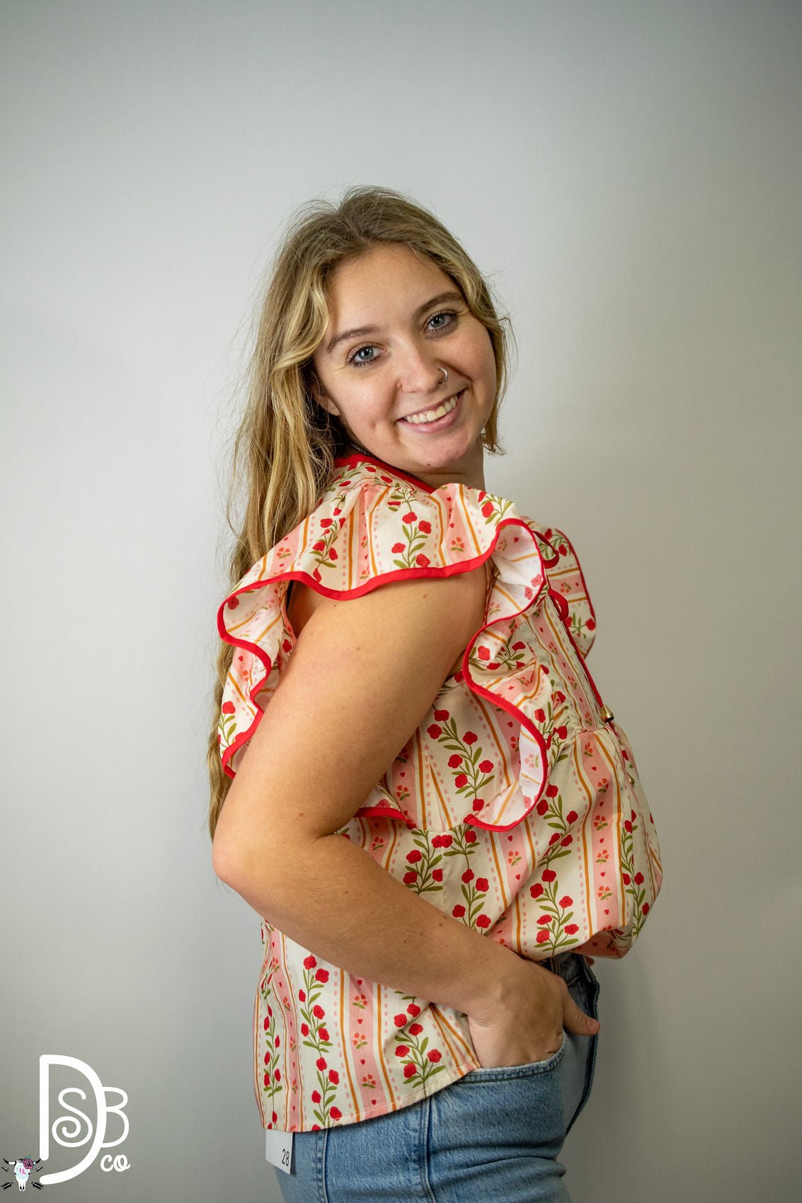 The Red Floral Ruffle Sleeve Top - Deadwood South Boutique & Company LLC