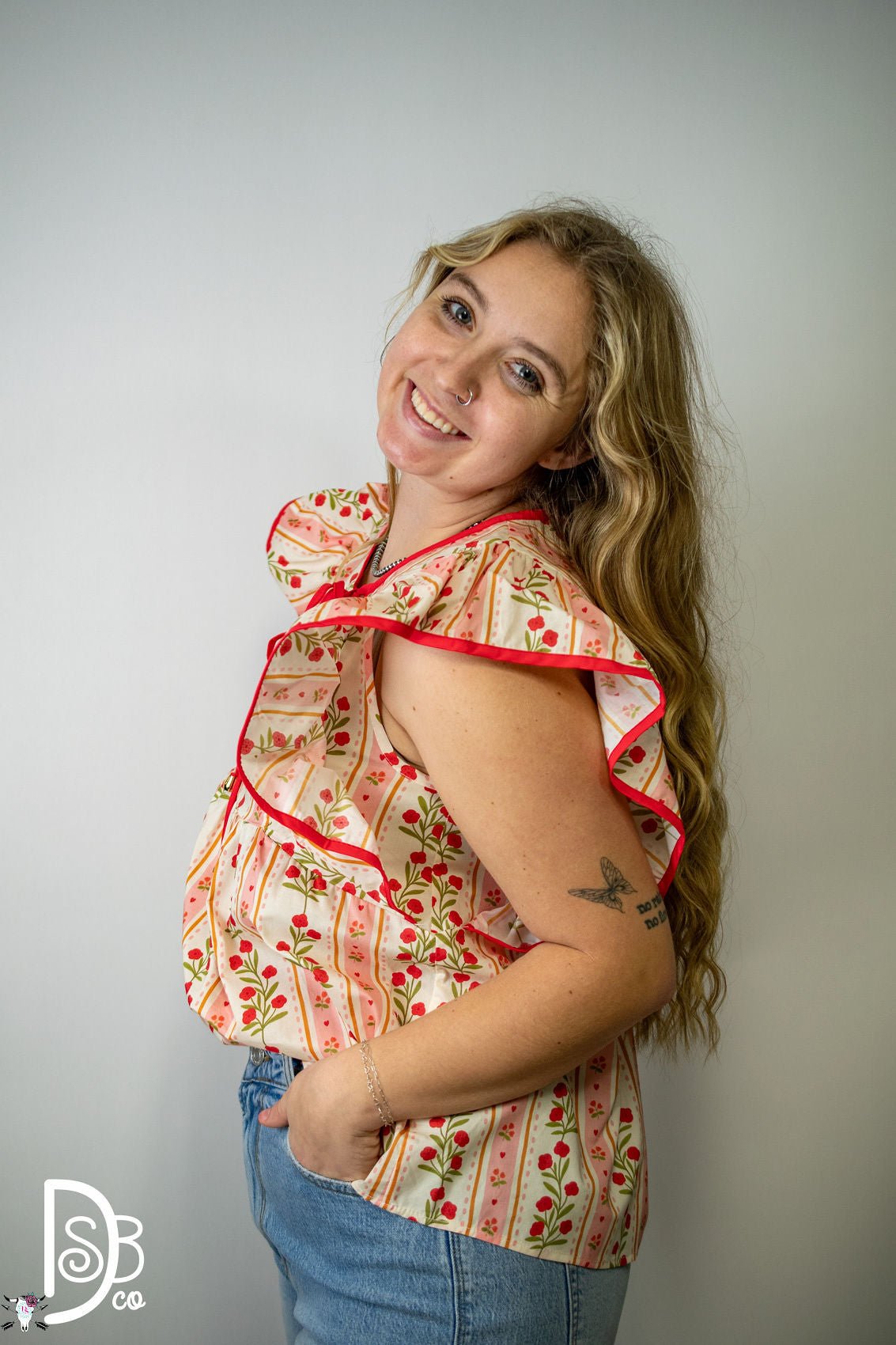 The Red Floral Ruffle Sleeve Top - Deadwood South Boutique & Company LLC