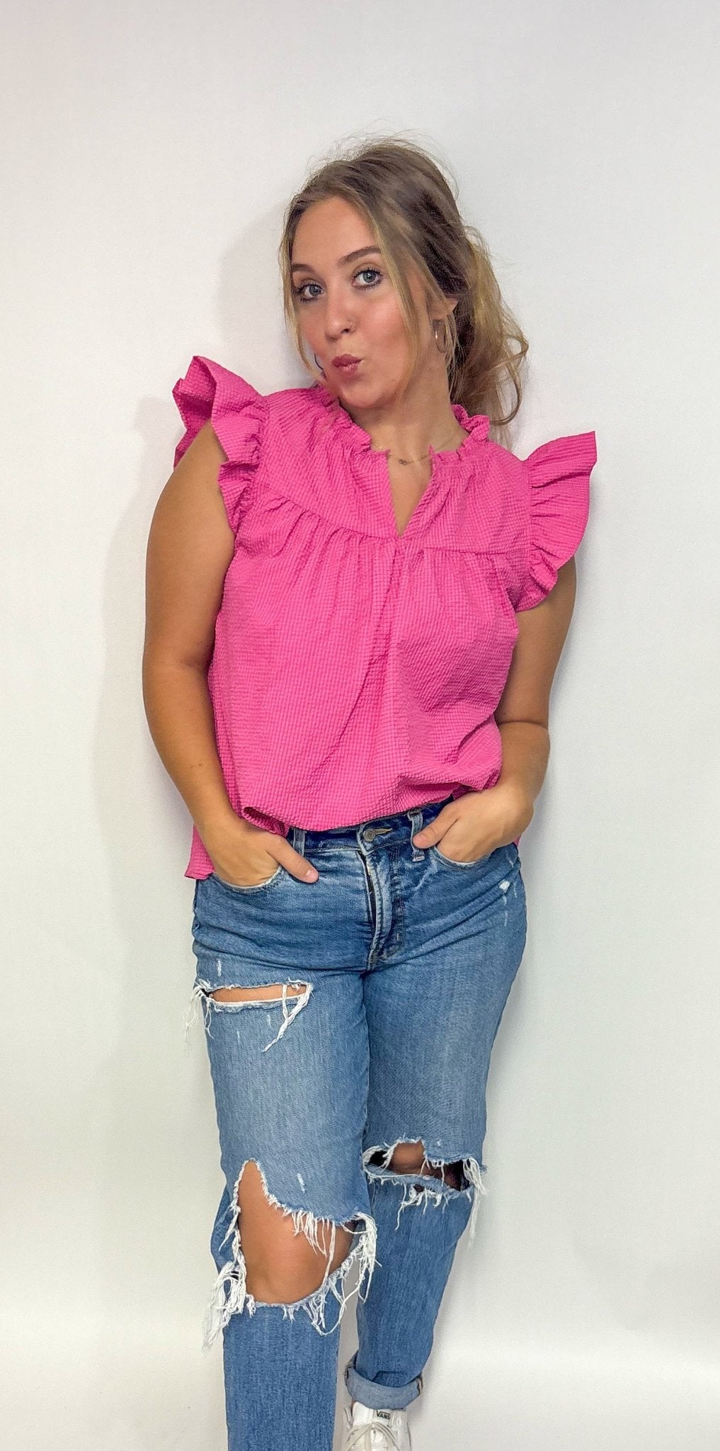 The Wendi Checkered Ruffle Sleeve Top - Deadwood South Boutique & Company LLC