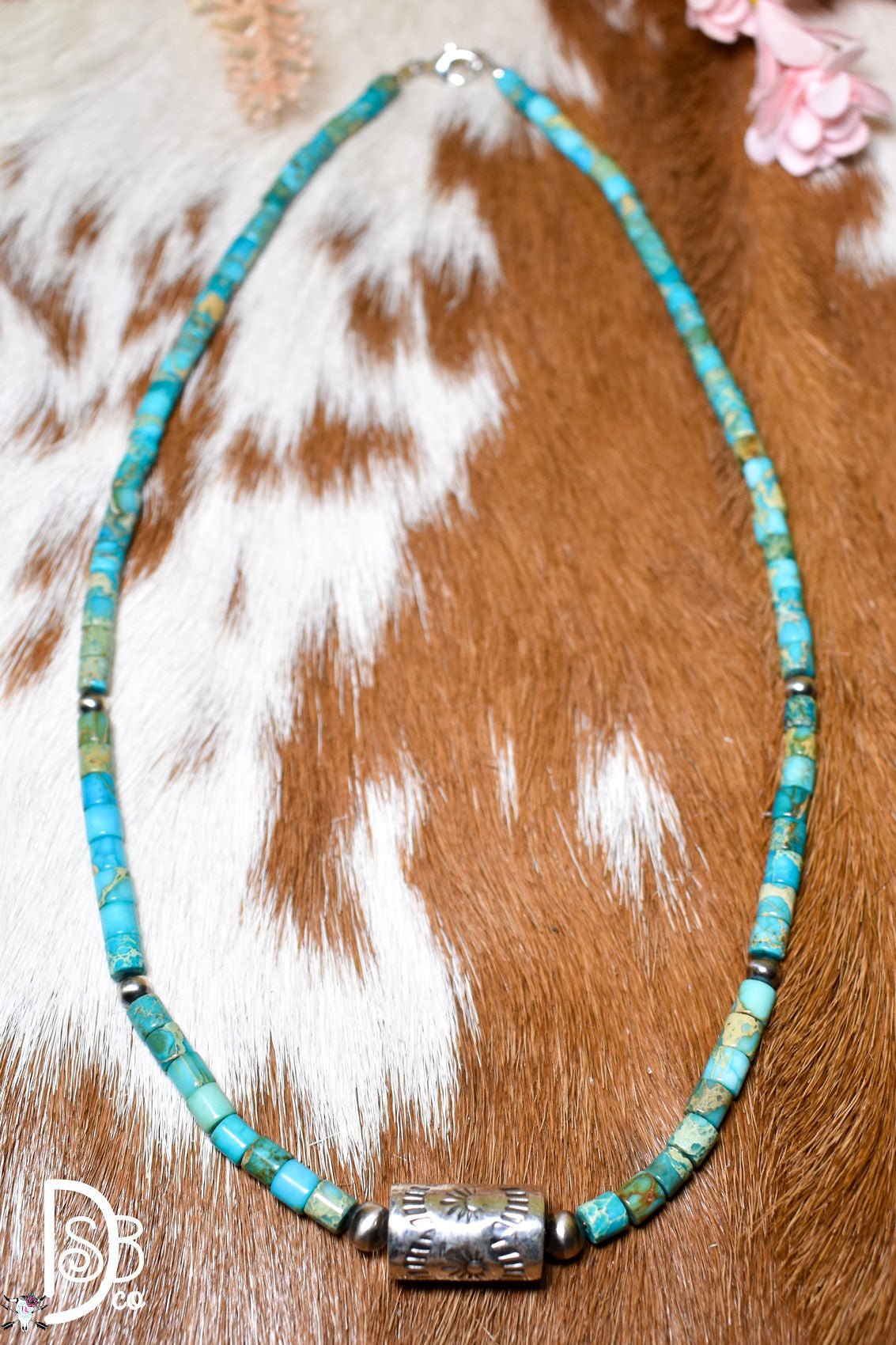 Turquoise Chip Necklace with Sterling Cylinder Pendant - Deadwood South Boutique & Company LLC
