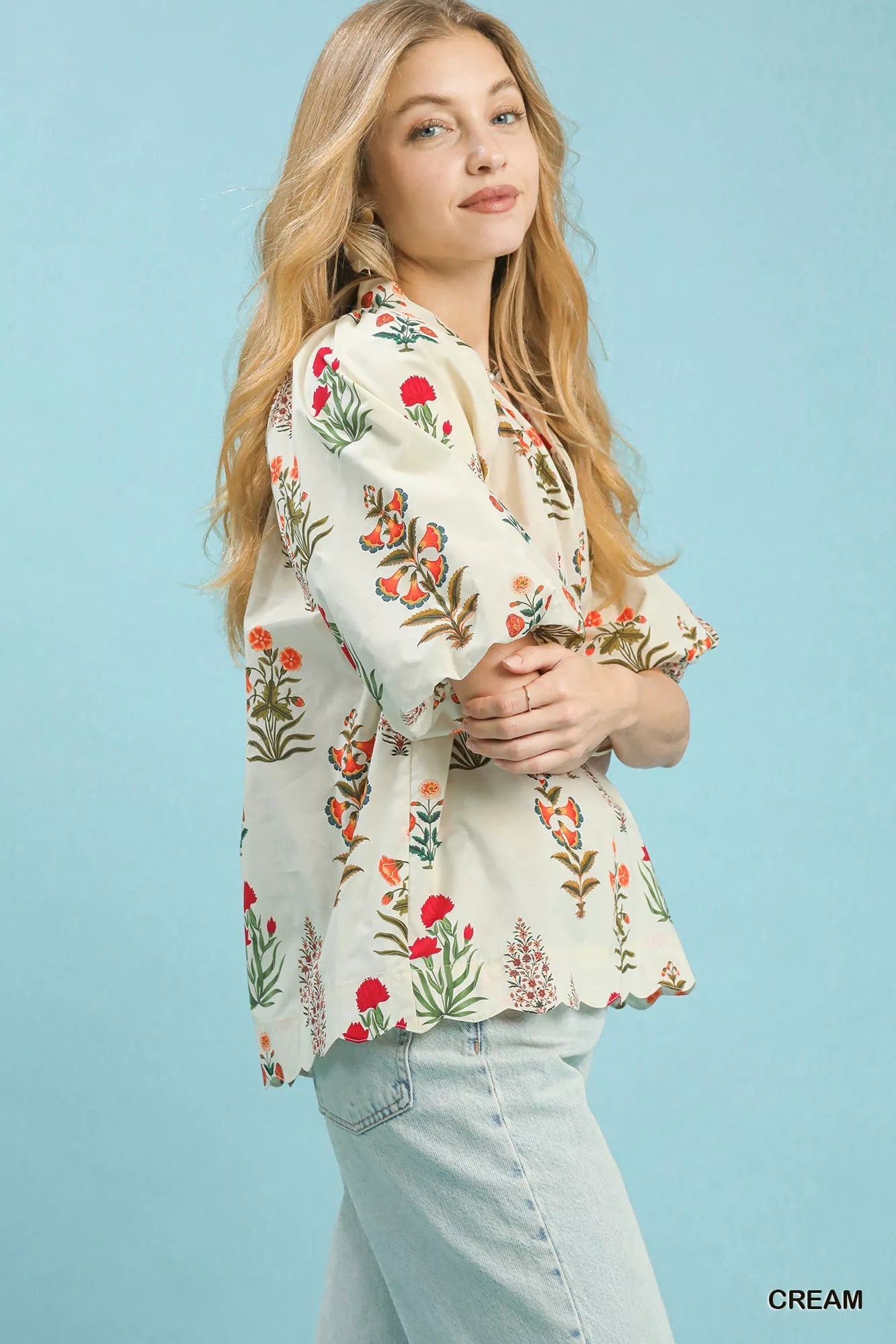 Umgee Floral Print Puff Sleeve Scallop Hem Blouse - Deadwood South Boutique & Company LLC