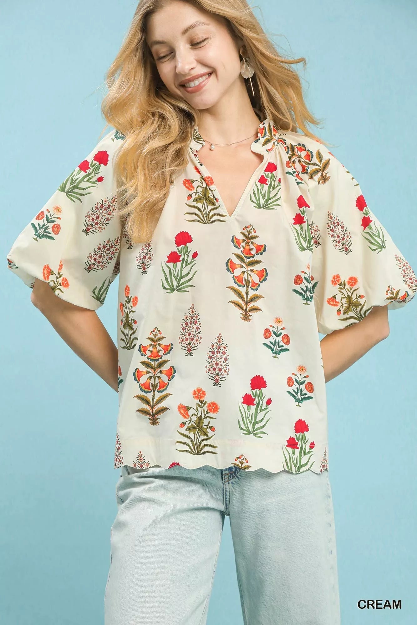 Umgee Floral Print Puff Sleeve Scallop Hem Blouse - Deadwood South Boutique & Company LLC