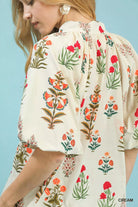 Umgee Floral Print Puff Sleeve Scallop Hem Blouse - Deadwood South Boutique & Company LLC