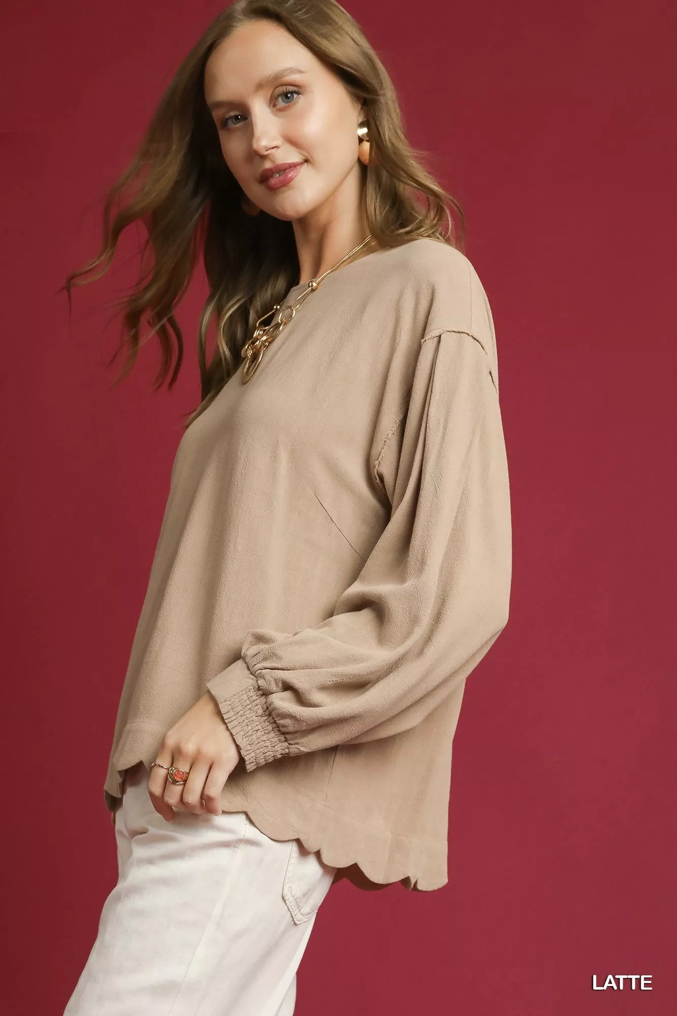 Umgee Linen Scallop Hem Long Sleeve Blouse - Deadwood South Boutique & Company LLC