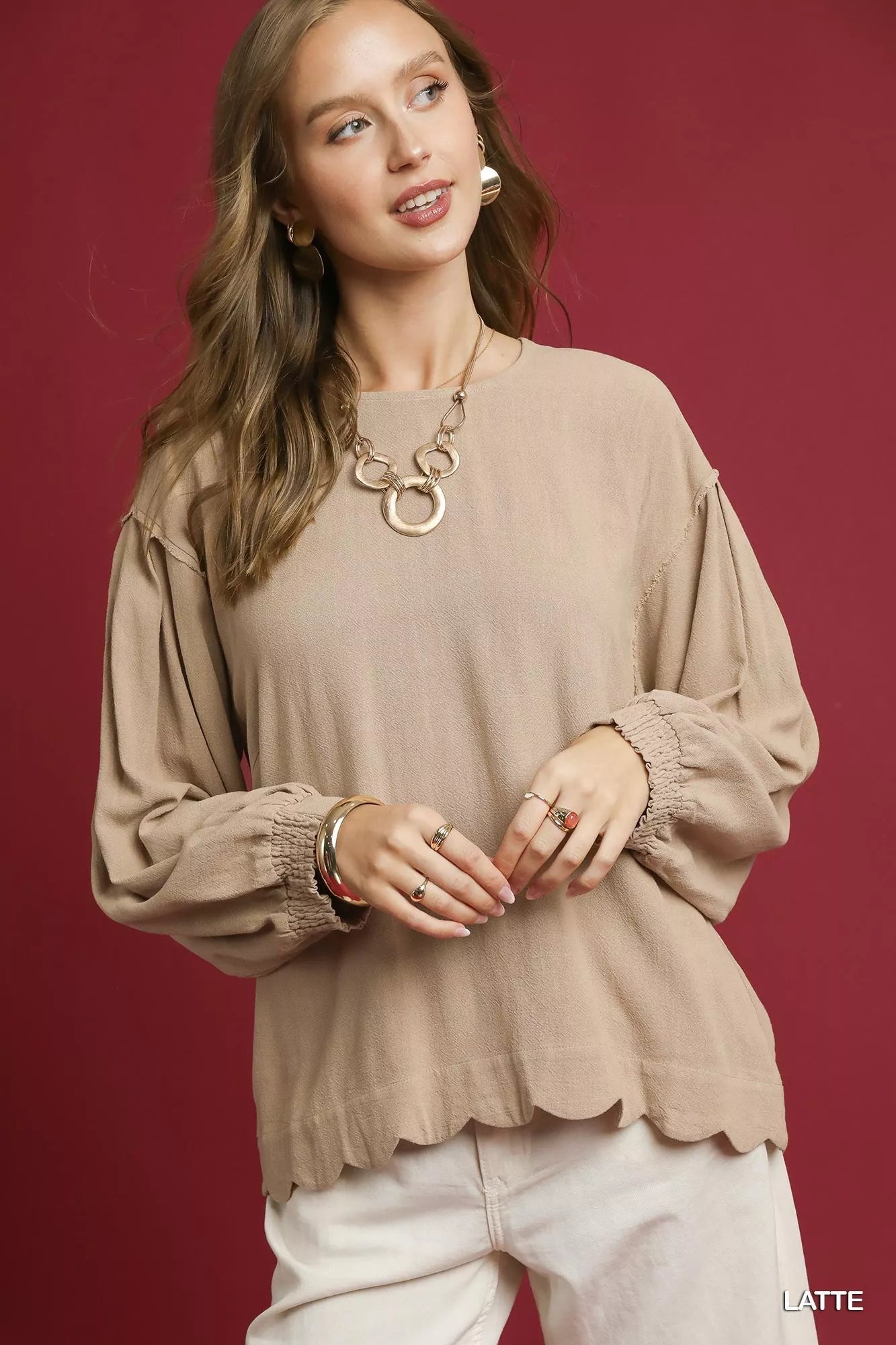 Umgee Linen Scallop Hem Long Sleeve Blouse - Deadwood South Boutique & Company LLC