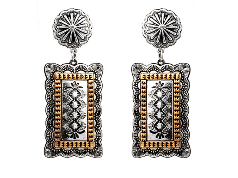 Rectangle Silver Concho Earrings-Earrings-Deadwood South Boutique & Company-Deadwood South Boutique, Women's Fashion Boutique in Henderson, TX