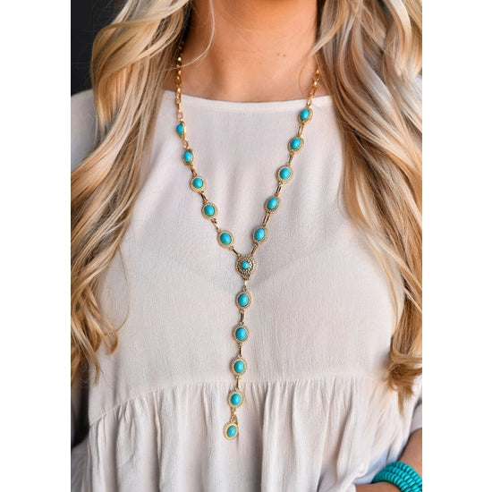 The Dainty Turquoise & Gold Lariat Fashion Necklace