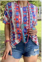 Red White & Blue Aztec Top-Short Sleeves-Vintage Cowgirl-Deadwood South Boutique, Women's Fashion Boutique in Henderson, TX