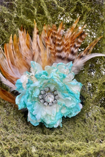Turquoise Vintage Silk Rayon Feather Flower Hat Pin-Hat Pins-Deadwood South Boutique & Company-Deadwood South Boutique, Women's Fashion Boutique in Henderson, TX