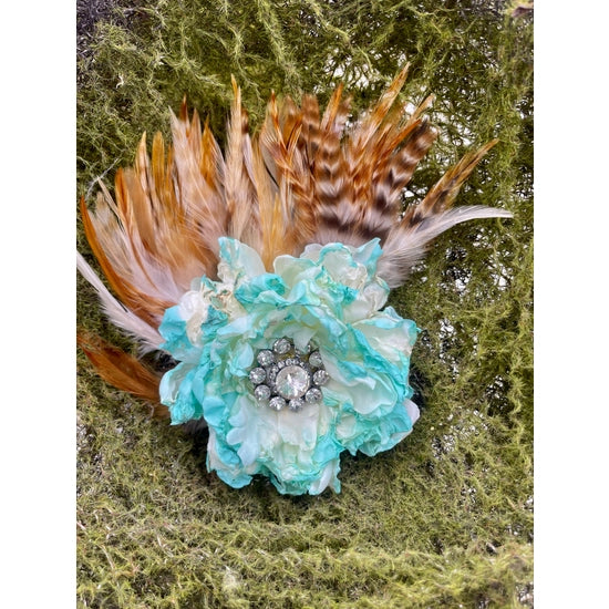 Turquoise Vintage Silk Rayon Feather Flower Hat Pin