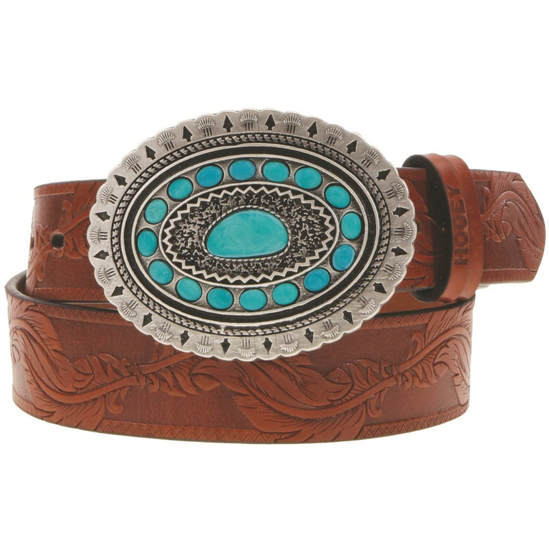 Hooey Tan Feather Belt with Turquoise Aztec Buckle