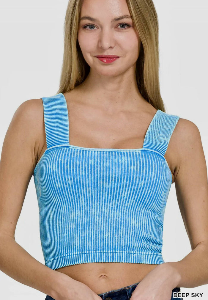 Sky Blue Ribbed Top w/bra-Tops & Tees-Vintage Cowgirl-Deadwood South Boutique, Women's Fashion Boutique in Henderson, TX