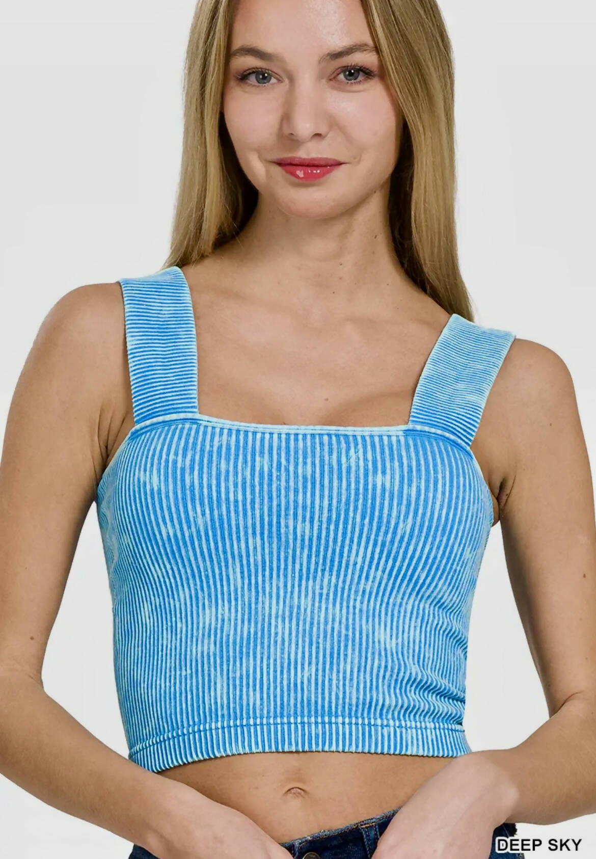 Sky Blue Ribbed Top w/Bra-Tanks-Vintage Cowgirl-Deadwood South Boutique, Women's Fashion Boutique in Henderson, TX