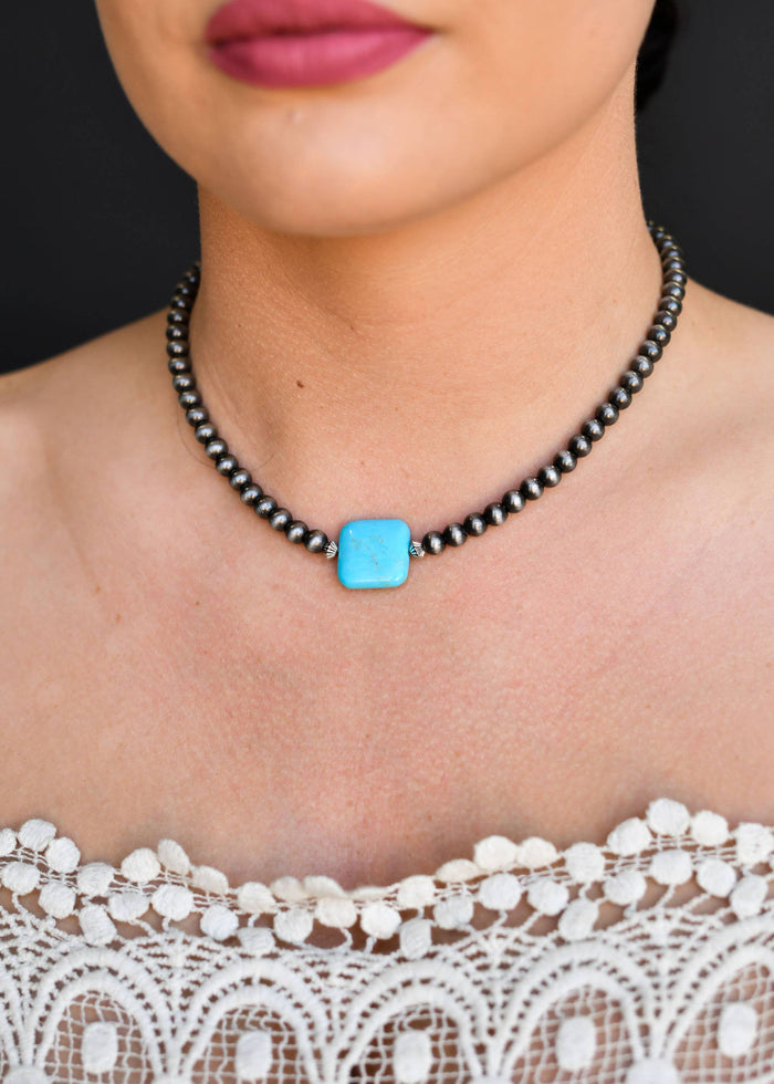 14" Faux Navajo Pearl Choker With Square Turquoise Accent-Chokers-Deadwood South Boutique & Company-Deadwood South Boutique, Women's Fashion Boutique in Henderson, TX