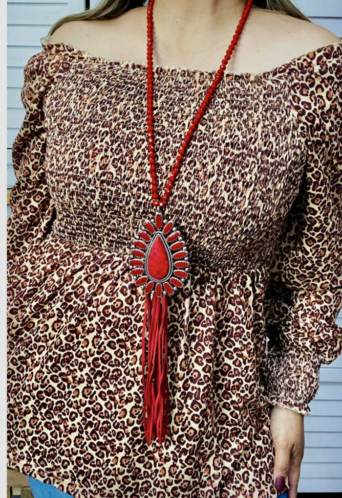 Angie Leopard Off Shoulder Top-Long Sleeves-Vintage Cowgirl-Deadwood South Boutique, Women's Fashion Boutique in Henderson, TX