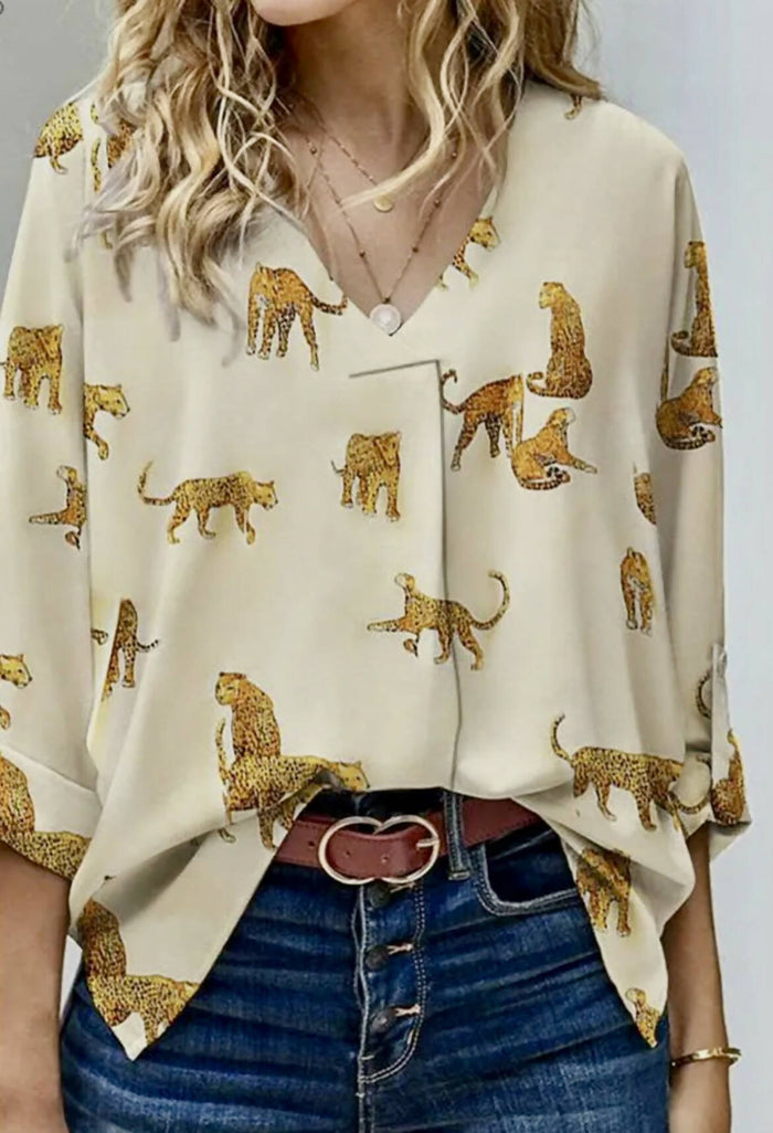 Leopard Rolled Blouse-Tops & Tees-Vintage Cowgirl-Deadwood South Boutique, Women's Fashion Boutique in Henderson, TX