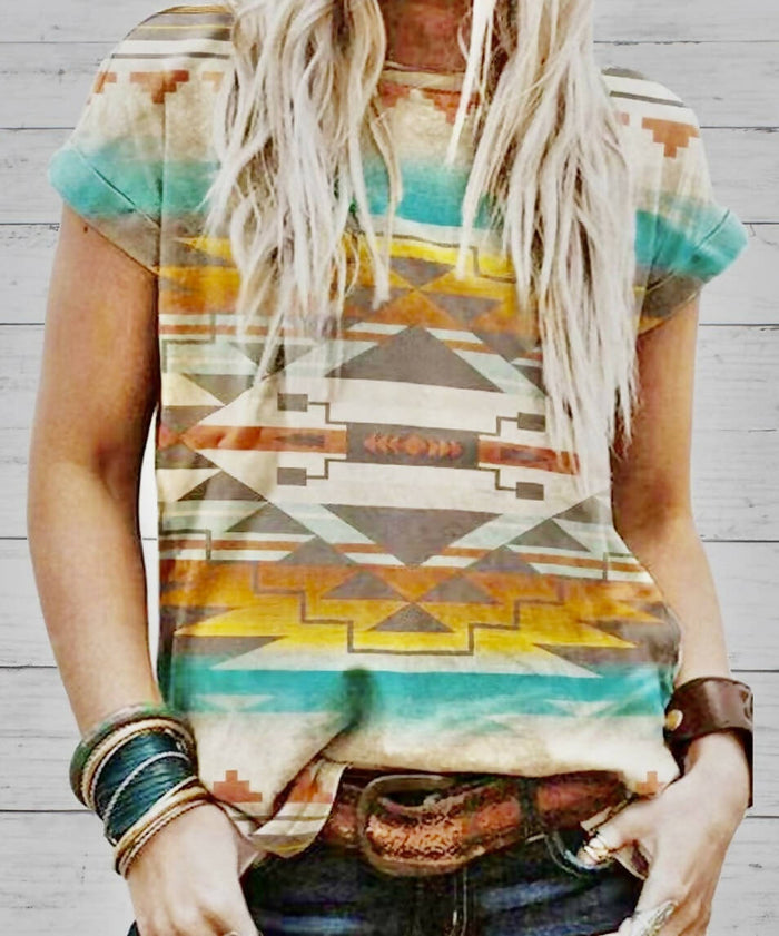 Western Aztec Top-Short Sleeves-Vintage Cowgirl-Deadwood South Boutique, Women's Fashion Boutique in Henderson, TX