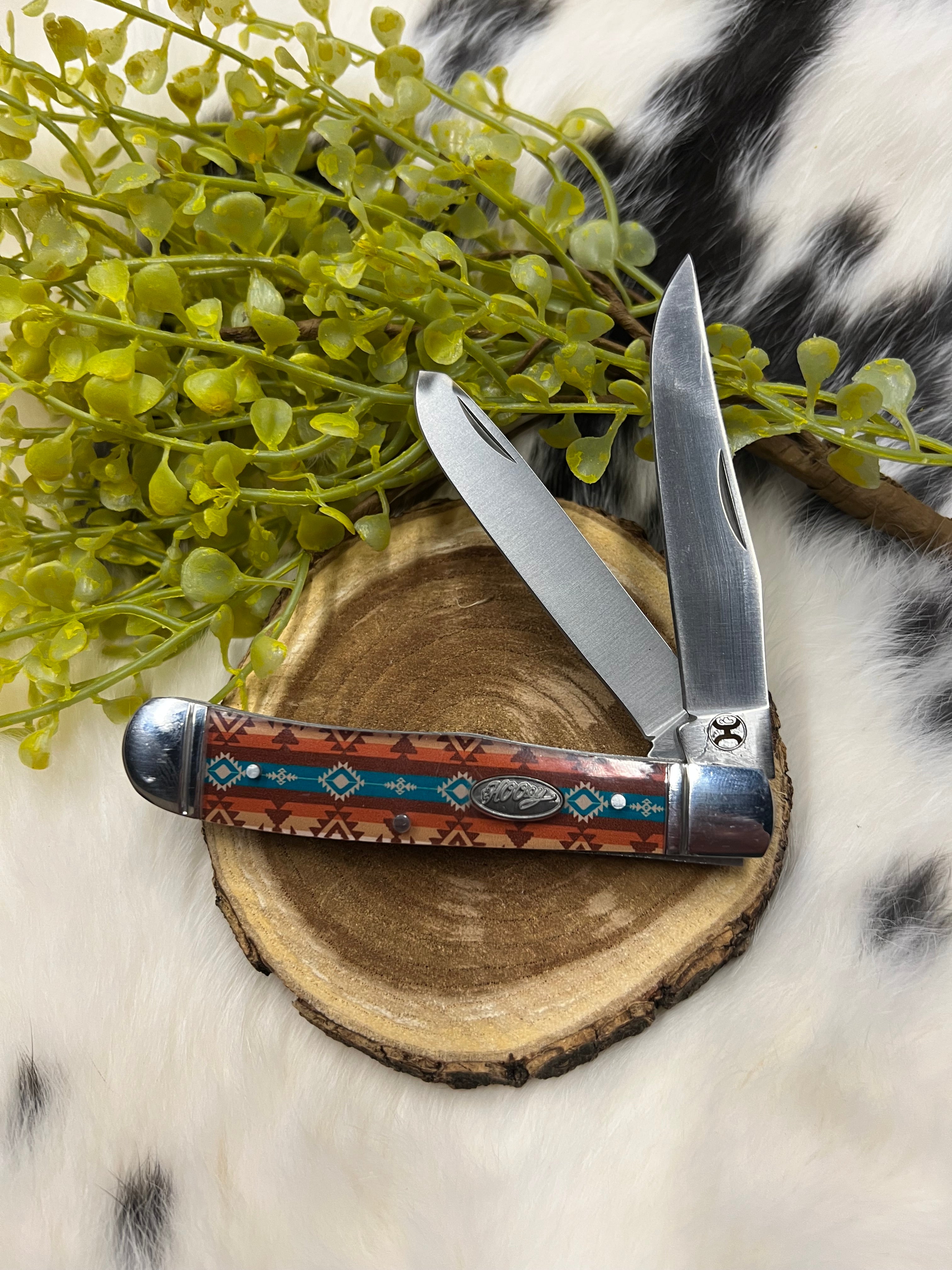 Hooey 4 1/4 Brown & Turquoise Aztec Pattern Trapper Knife-Knives-Deadwood South Boutique & Company-Deadwood South Boutique, Women's Fashion Boutique in Henderson, TX
