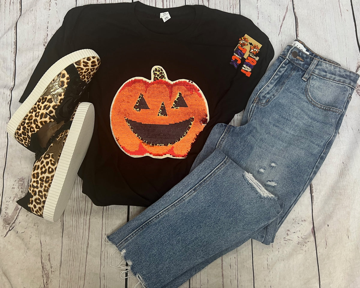 Hello Pumpkin Sequin Graphic Tee-Graphic Tee's-Deadwood South Boutique & Company-Deadwood South Boutique, Women's Fashion Boutique in Henderson, TX