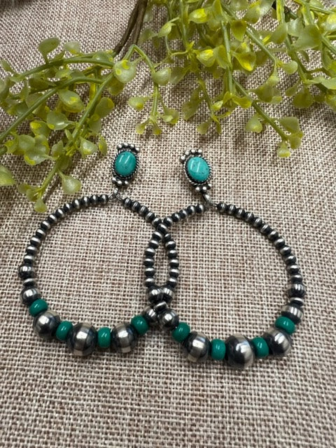 Zuni Navajo Pearl & Turquoise Hoop Earrings