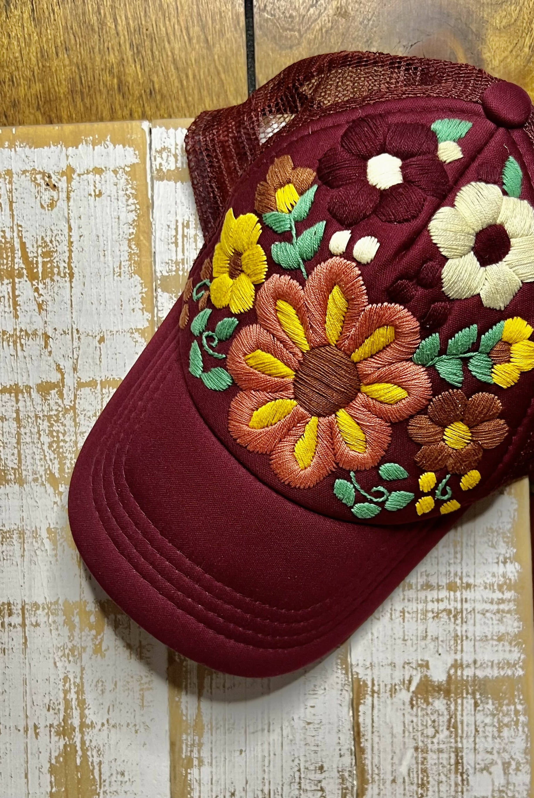 Embroidered Flower Cap-Hats-Vintage Cowgirl-Deadwood South Boutique, Women's Fashion Boutique in Henderson, TX