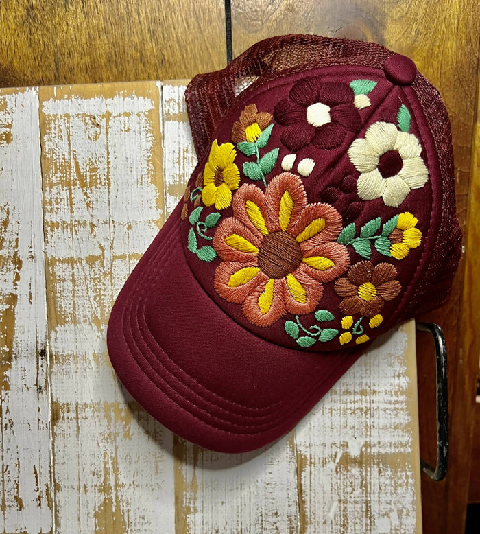 Embroidered Flower Cap-Hats-Vintage Cowgirl-Deadwood South Boutique, Women's Fashion Boutique in Henderson, TX