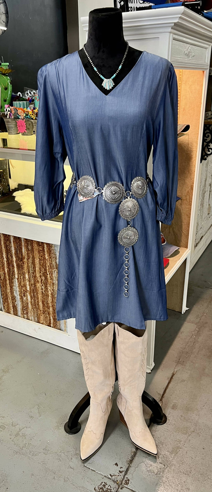 Ava V-Neck Denim Dress-Dresses-Vintage Cowgirl-Deadwood South Boutique, Women's Fashion Boutique in Henderson, TX
