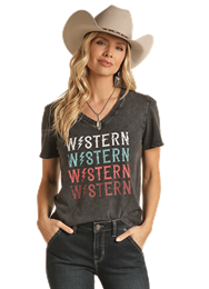 Rock & Roll Western V Neck Graphic Tee-Graphic Tee's-Deadwood South Boutique & Company-Deadwood South Boutique, Women's Fashion Boutique in Henderson, TX