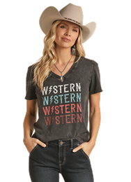 Rock & Roll Western V Neck Graphic Tee-Graphic Tees-Deadwood South Boutique & Company-Deadwood South Boutique, Women's Fashion Boutique in Henderson, TX