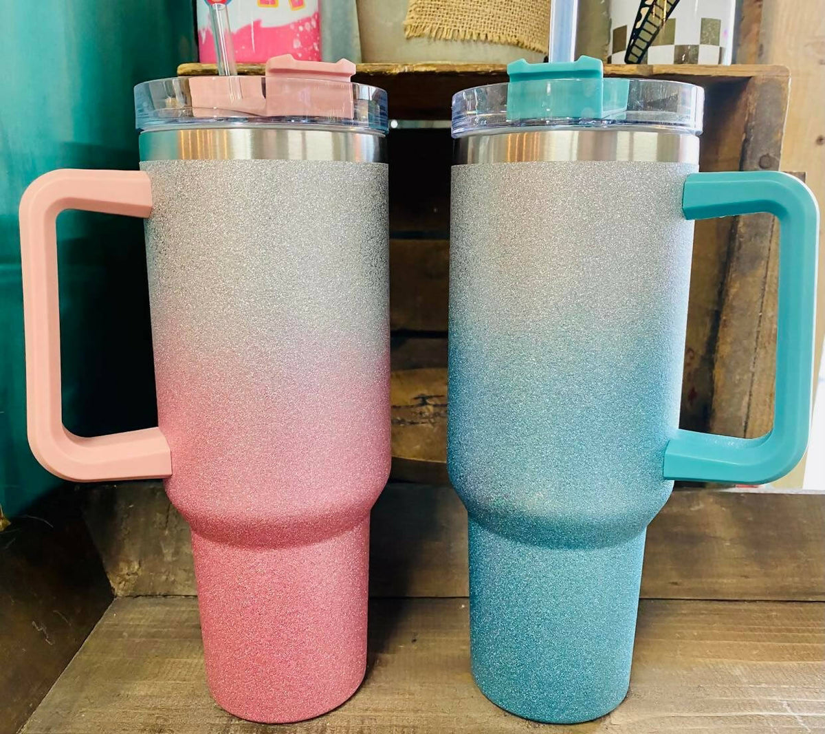 Pink and Teal Leopard Glitter - Large Tumbler w/ Straw