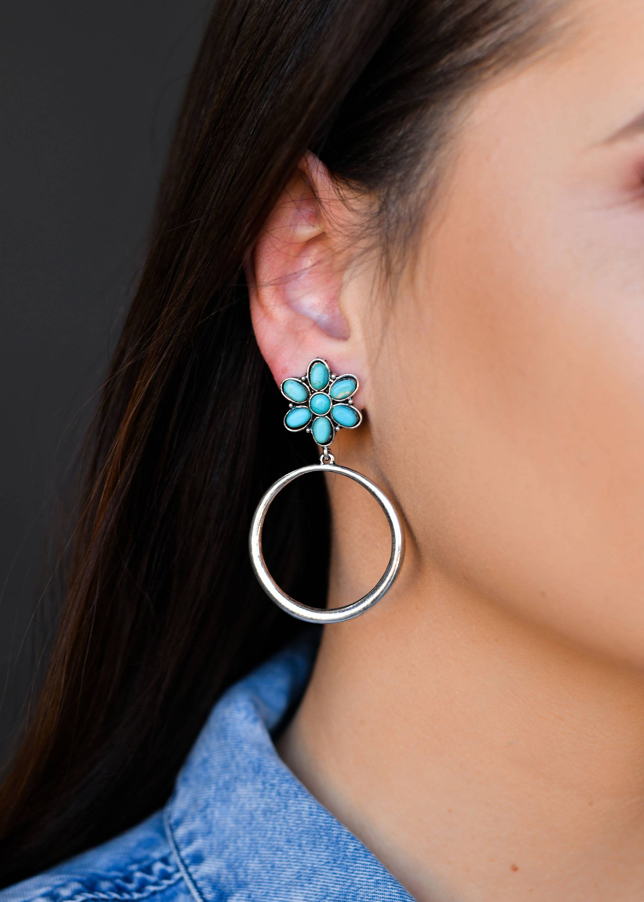 2.5" Silver Dangle Hoop Earring on Turquoise Flower Post-Earrings-Deadwood South Boutique & Company-Deadwood South Boutique, Women's Fashion Boutique in Henderson, TX