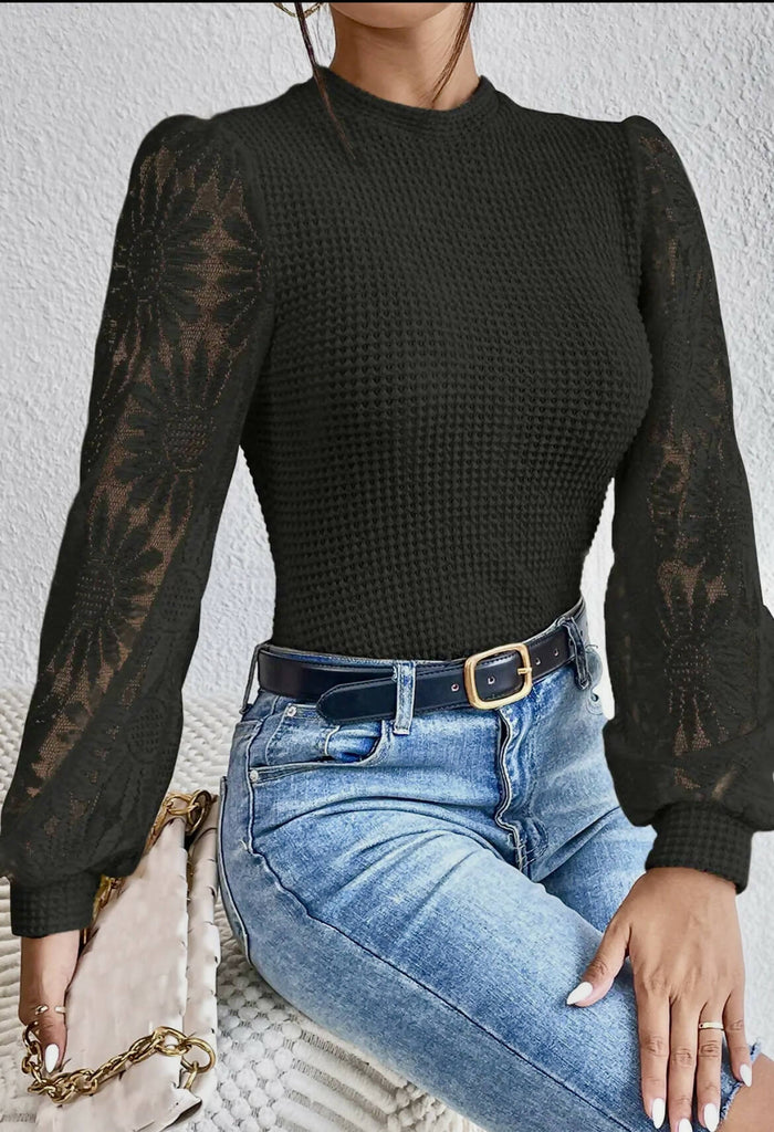 Sunflower Mesh Knit Top-Sweaters-Vintage Cowgirl-Deadwood South Boutique, Women's Fashion Boutique in Henderson, TX