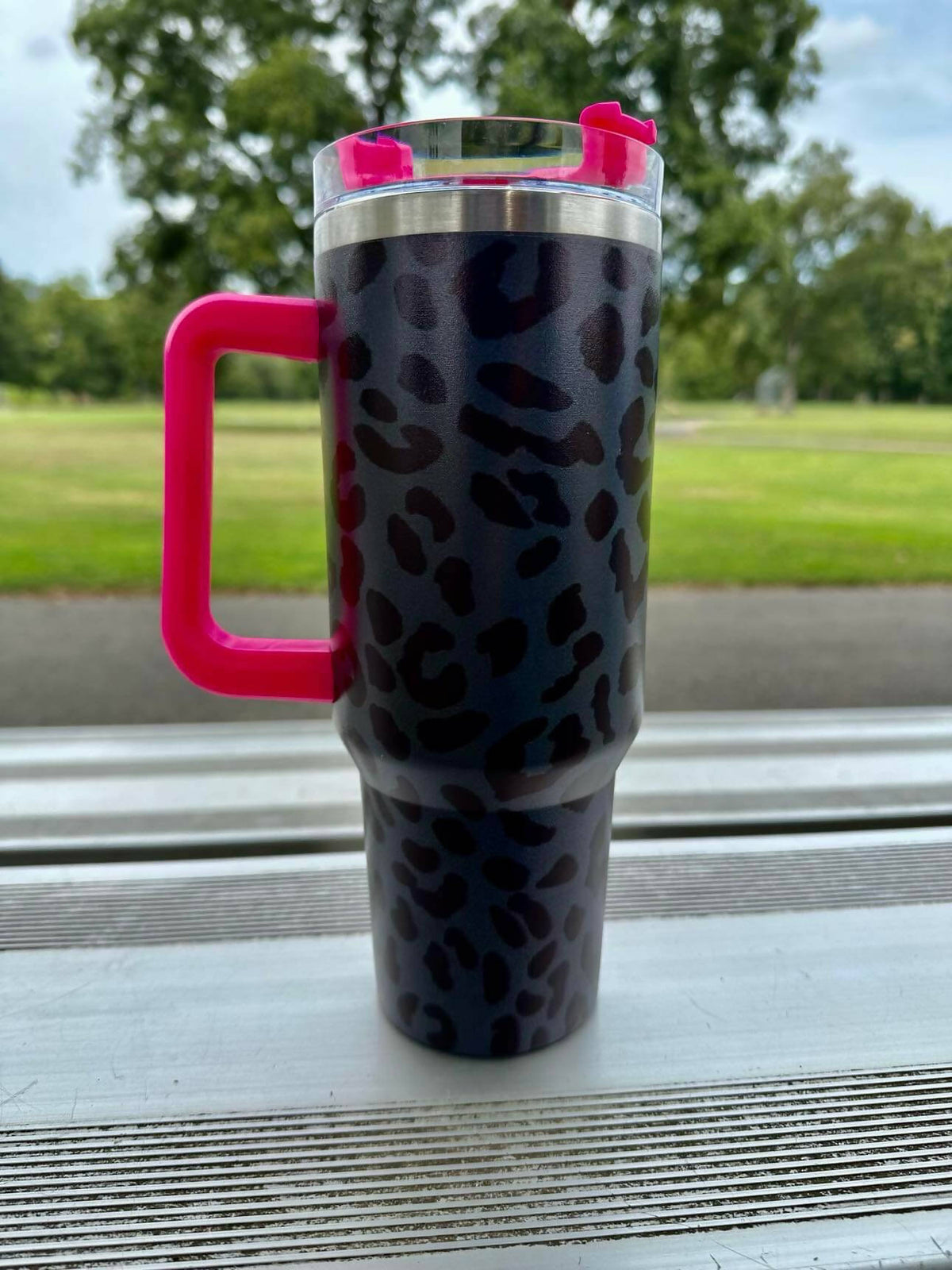 Black Leopard with Hot Pink 40 oz Tumbler-Tumblers-Checkered Chick Creations-Deadwood South Boutique, Women's Fashion Boutique in Henderson, TX